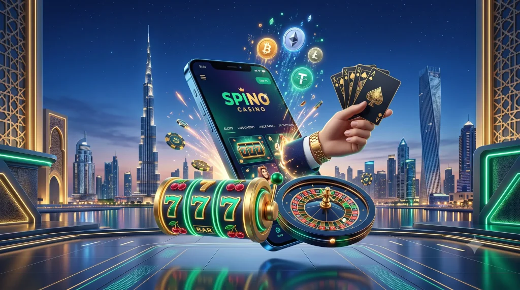A floating smartphone displaying the Spino Casino logo, set against a modern Gulf city skyline in the background. Floating around the screen are digital slot games, a live roulette wheel, playing cards, and glowing Bitcoin/cryptocurrency symbols, representing the UAE online casino experience.
