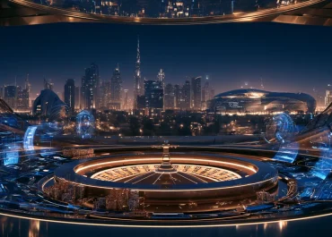 Spino online casino and sports betting in the Gulf with casino games, crypto payments and a futuristic Dubai skyline.
