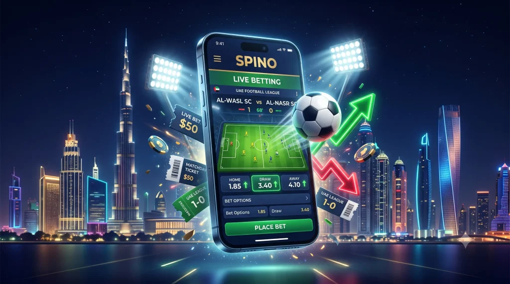 A floating smartphone displaying the Spino logo and live football betting odds, set against the backdrop of a modern Gulf city (Dubai) skyline. Floating around the screen are a 3D football, stadium lights, and dynamic betting statistics, representing the UAE online sports betting experience.
