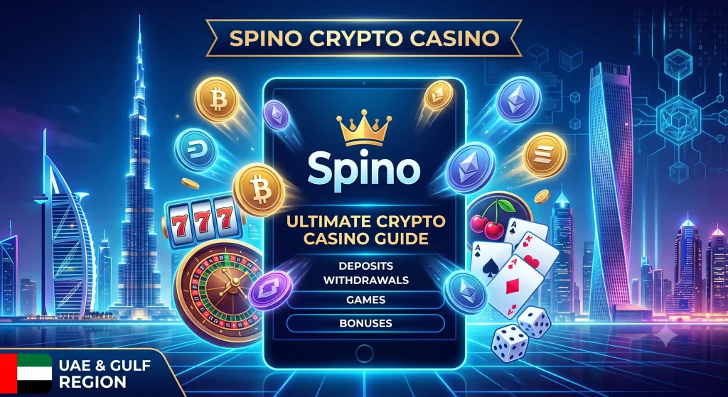 A futuristic digital illustration promoting the "Ultimate Spino Crypto Casino Guide" tailored for the UAE and Gulf region. In the center, a tablet displays the "Spino" logo, the title "ULTIMATE CRYPTO CASINO GUIDE," and menu options (DEPOSITS, WITHDRAWALS, GAMES, BONUSES). Various cryptocurrency icons like Bitcoin, Ethereum, Solana, and Dash, along with casino elements such as a roulette wheel, slot machine, playing cards, and dice, are floating around the tablet. The background features a night-time illuminated city skyline with the Burj Khalifa, other Dubai skyscrapers, and neon digital grids. The bottom left corner shows the UAE flag and the text "UAE & GULF REGION". A banner at the top reads "SPINO CRYPTO CASINO".