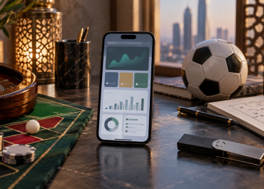 Editorial desk combining casino gaming, football and cryptocurrency elements to represent Spino Alaab guides.