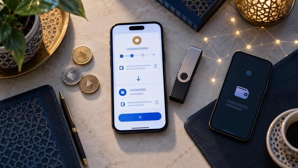 Smartphone and hardware wallet illustrating cryptocurrency deposits, withdrawals and blockchain network checks.