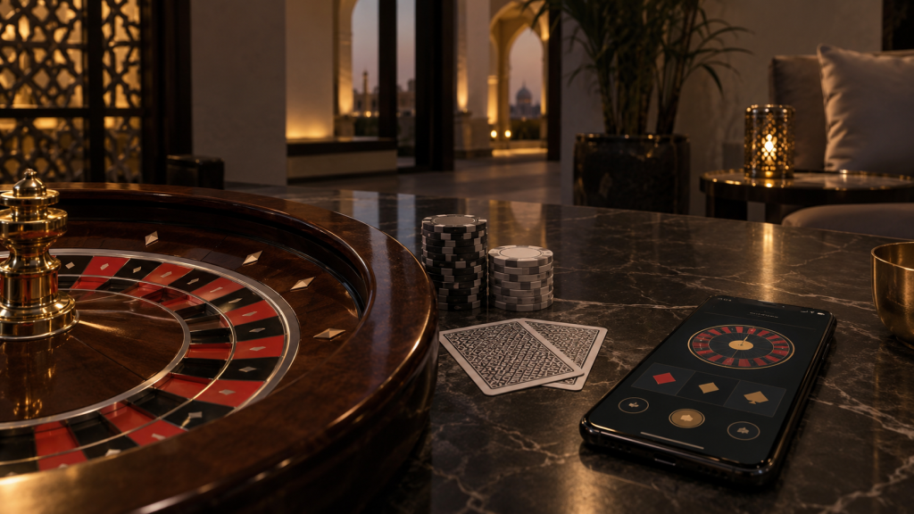 Online casino setup with a roulette wheel, casino chips and a smartphone displaying a generic gaming interface.