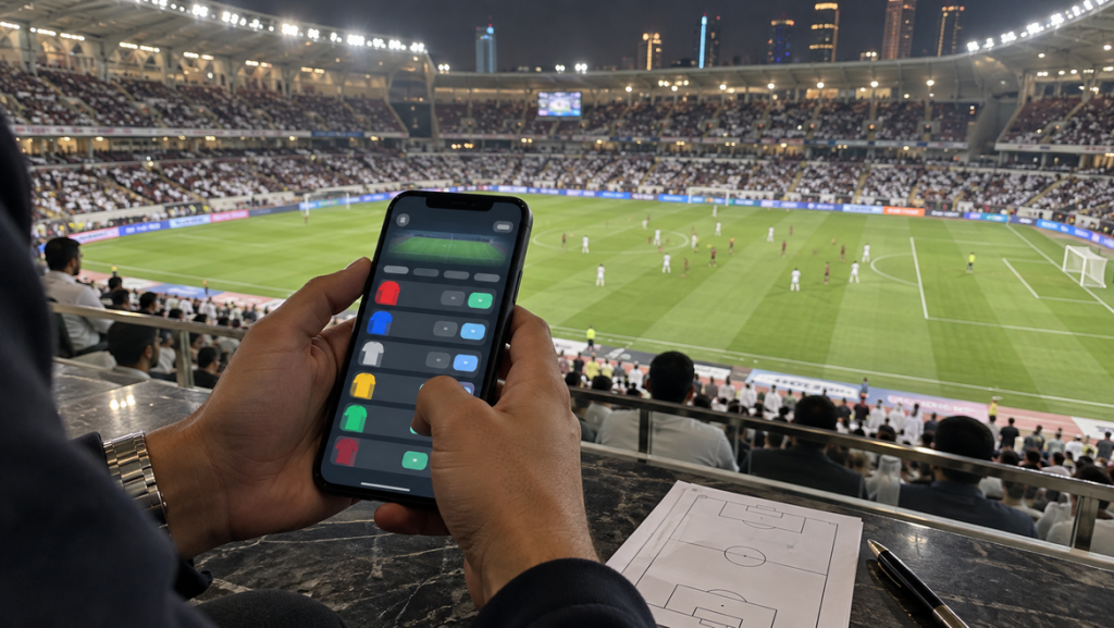 Smartphone with a generic sports betting interface overlooking a football match in a modern stadium.